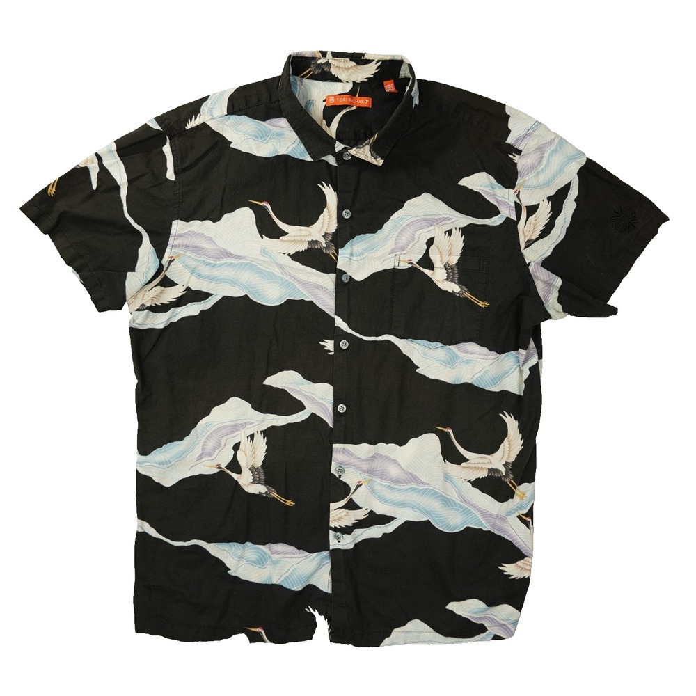 Tori Richard Men XL Black Tropical Crane Print Cotton Lawn Camp Shirt 1956-ME03